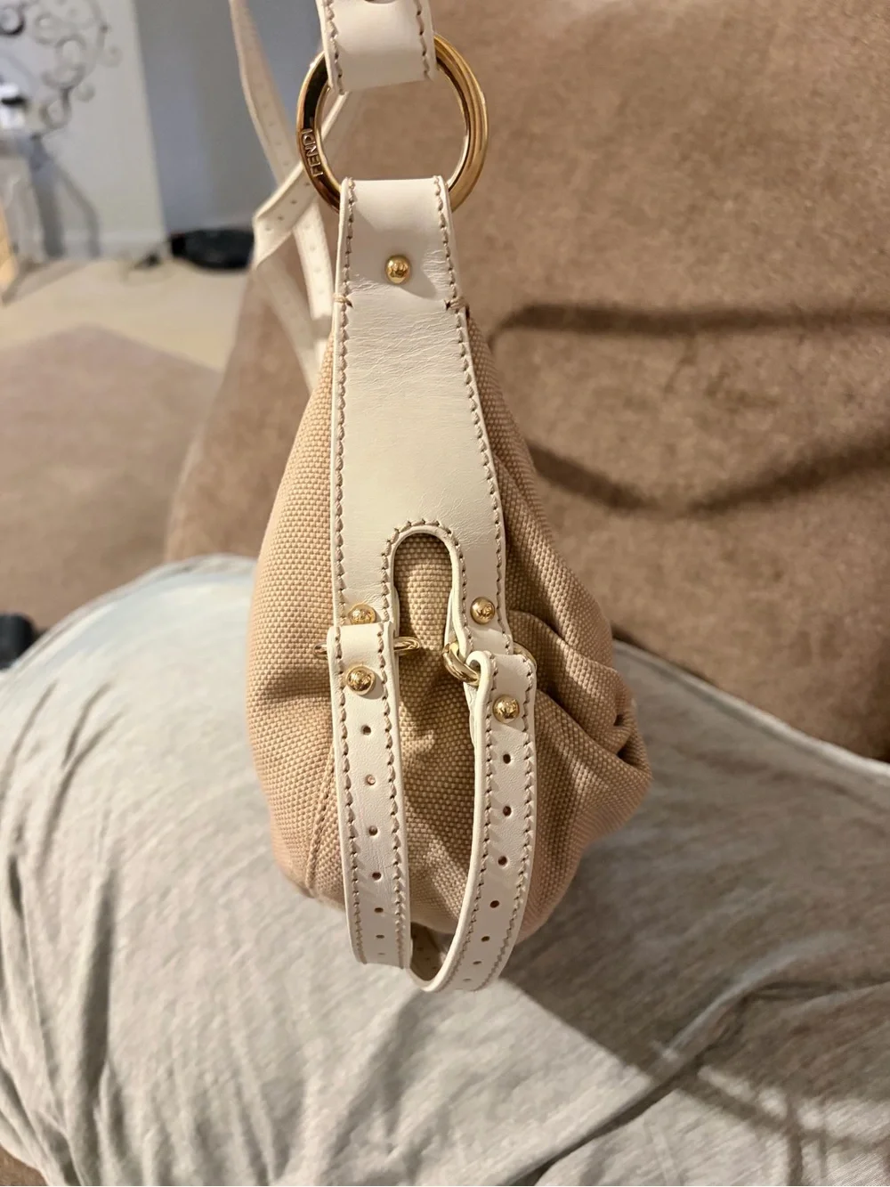 Fendi Beige Knot-Front Crossbody with White Strap